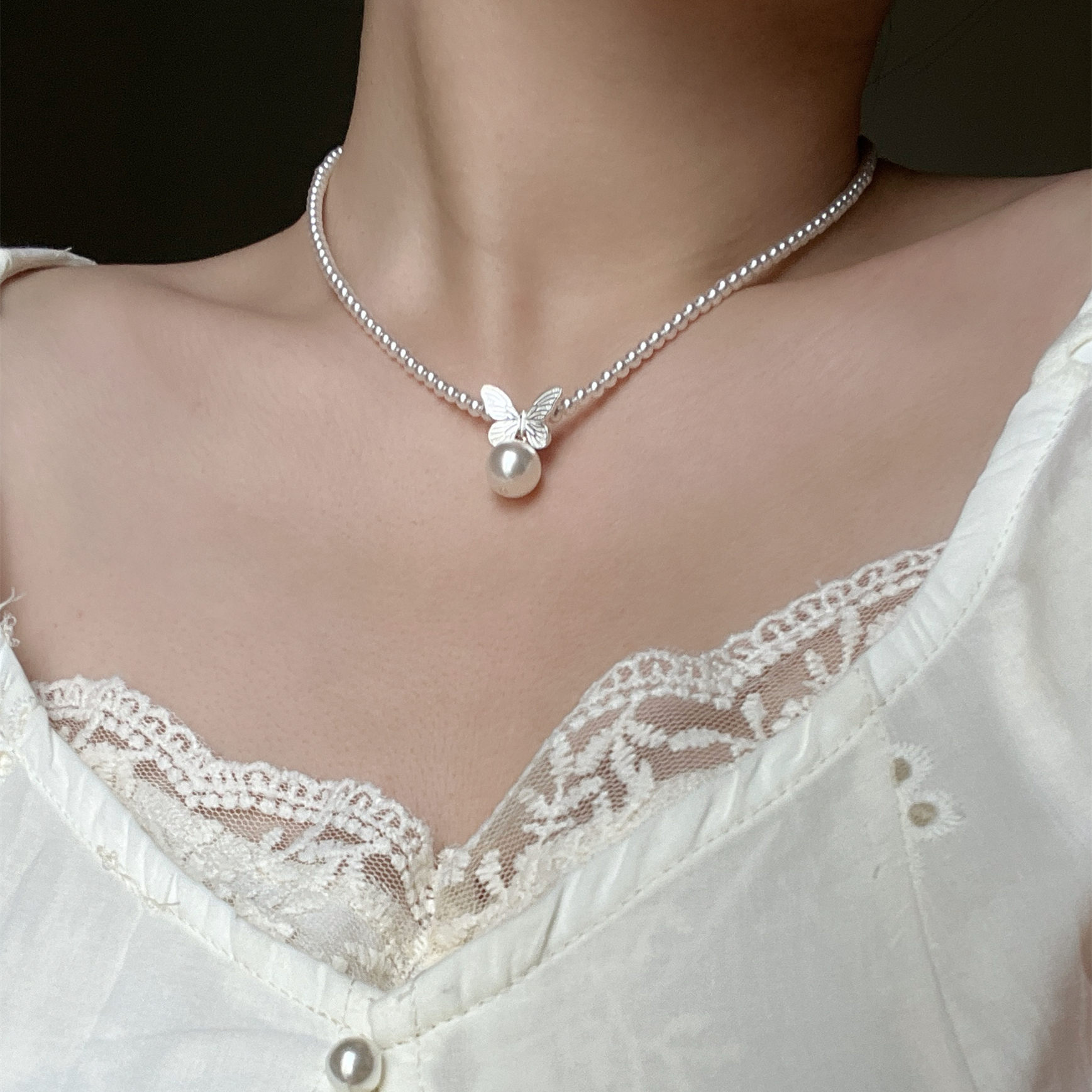 铜合金项链 38 蝴蝶珠珠项链女轻奢小众设计高级感锁骨链