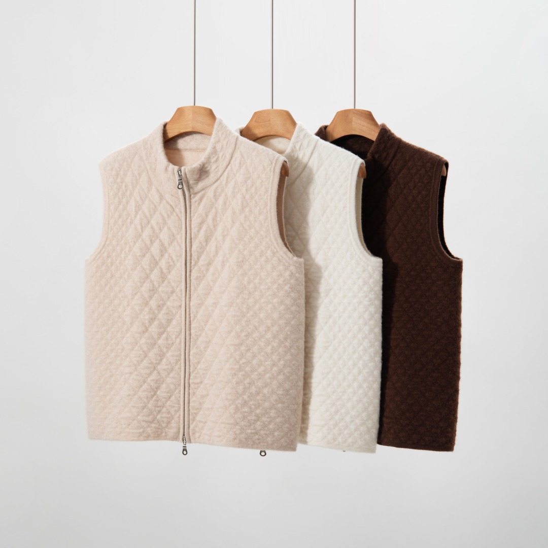 新品100%山羊绒面包服马甲菱形格双拉链马甲通勤内搭外穿宽松款