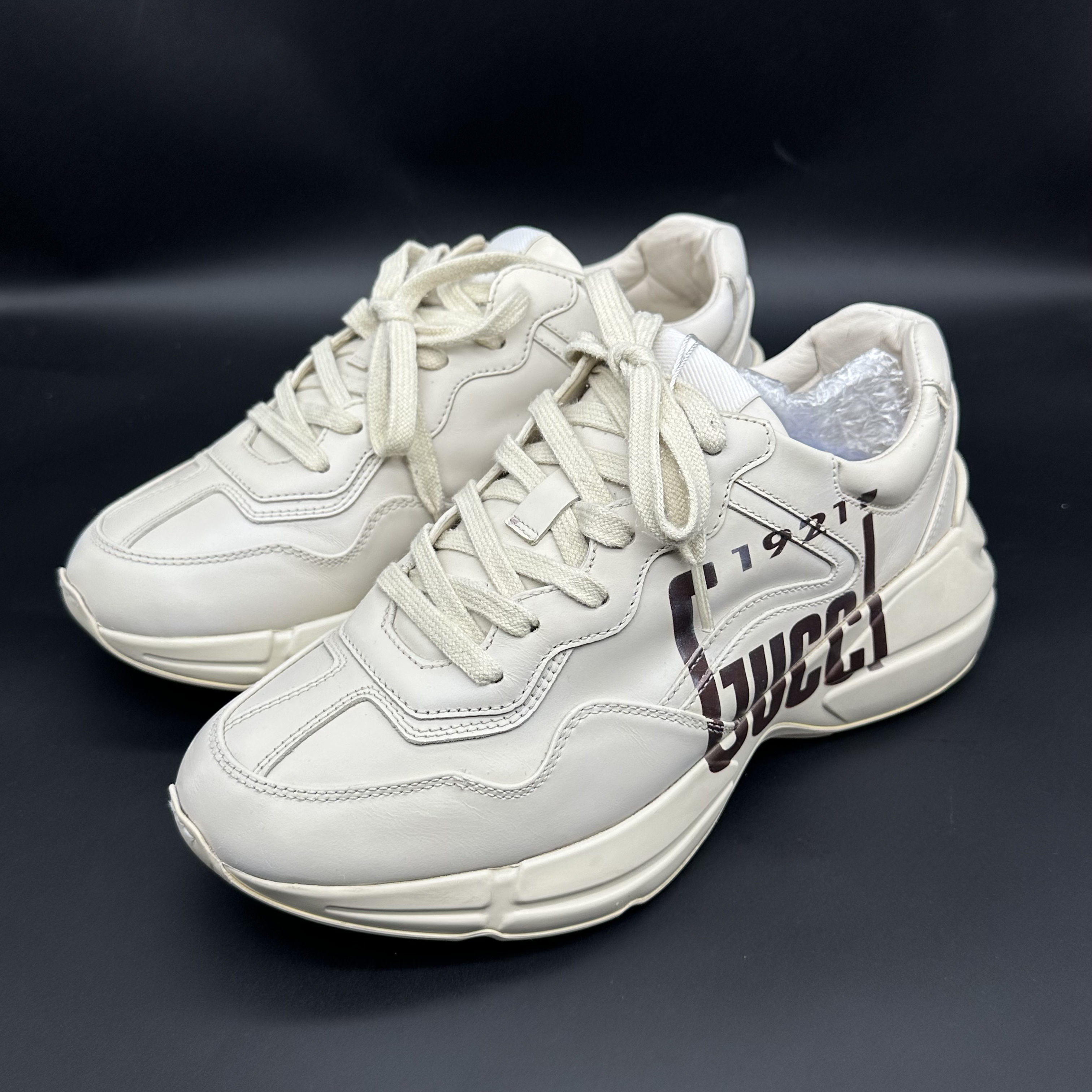 95新 GUCCI/古驰 米白色棕色logo厚底休闲老爹鞋 奢f 40欧