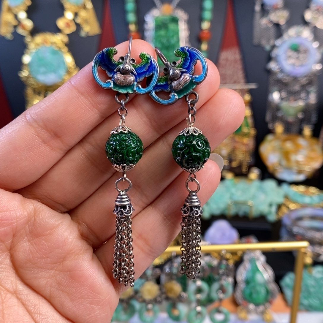 翡翠耳饰未镶嵌花青耳坠 亏清