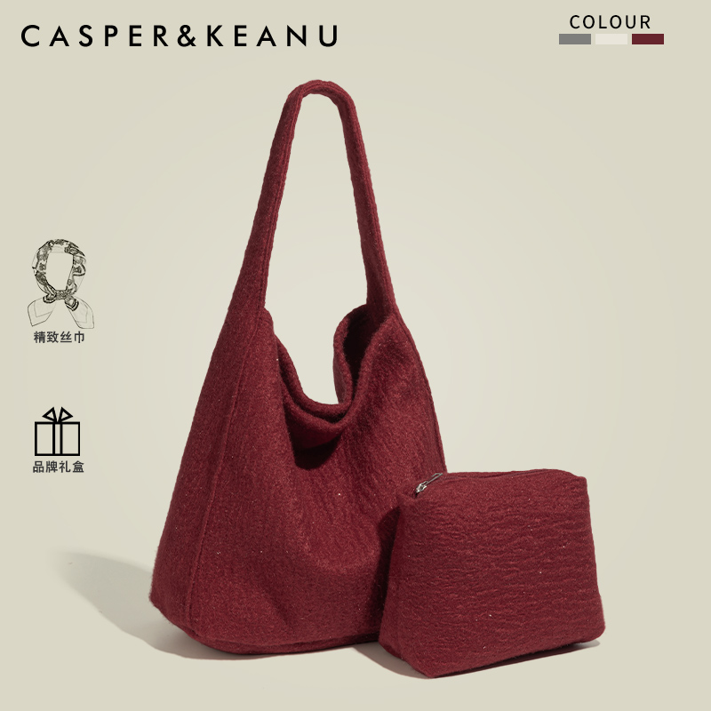 CASPER&KEANU正品高级感慵懒风托特包女红色毛呢大容量通勤单肩包
