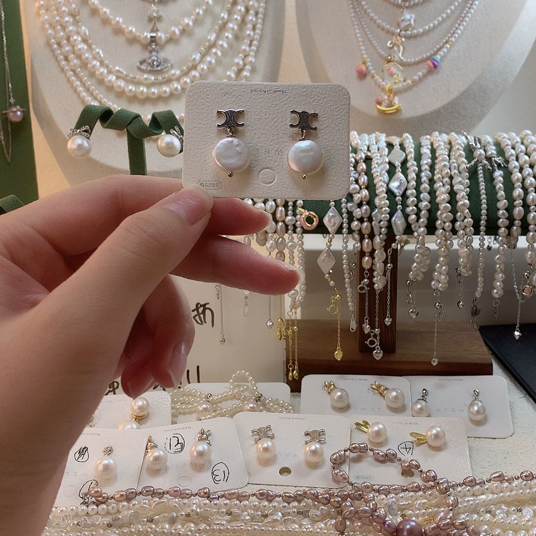 耳饰银S925镶嵌淡水珍珠