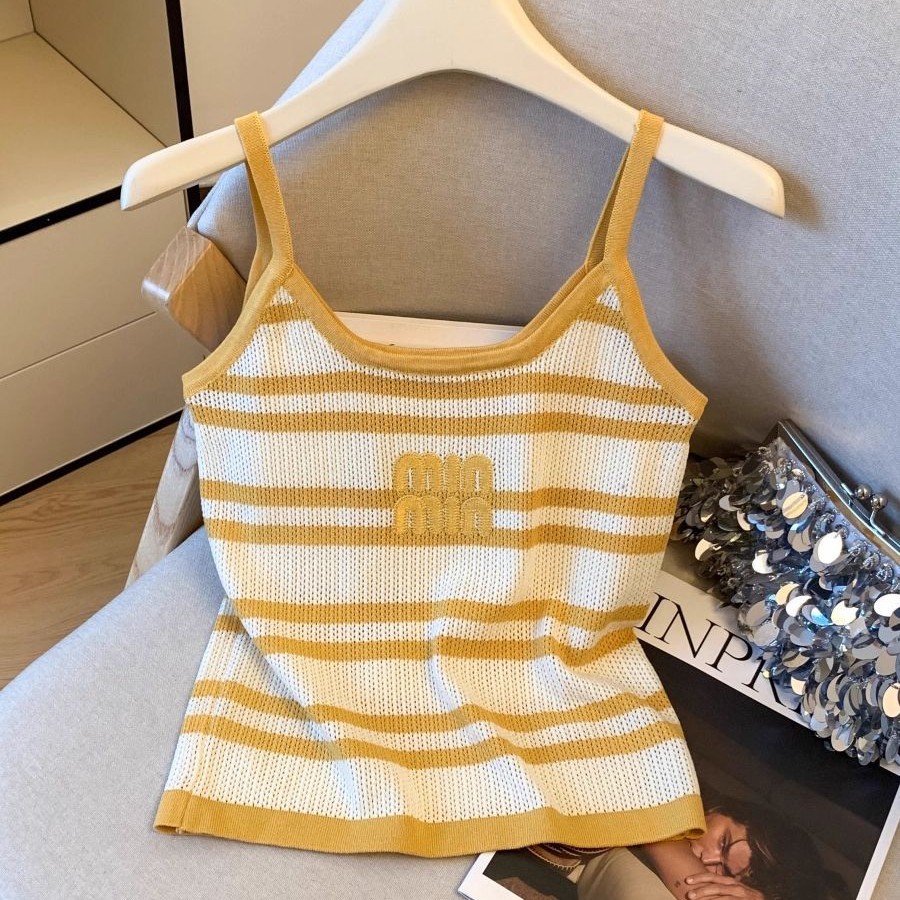 美式条纹短款刺绣无袖针织吊带背心女夏季外穿内搭