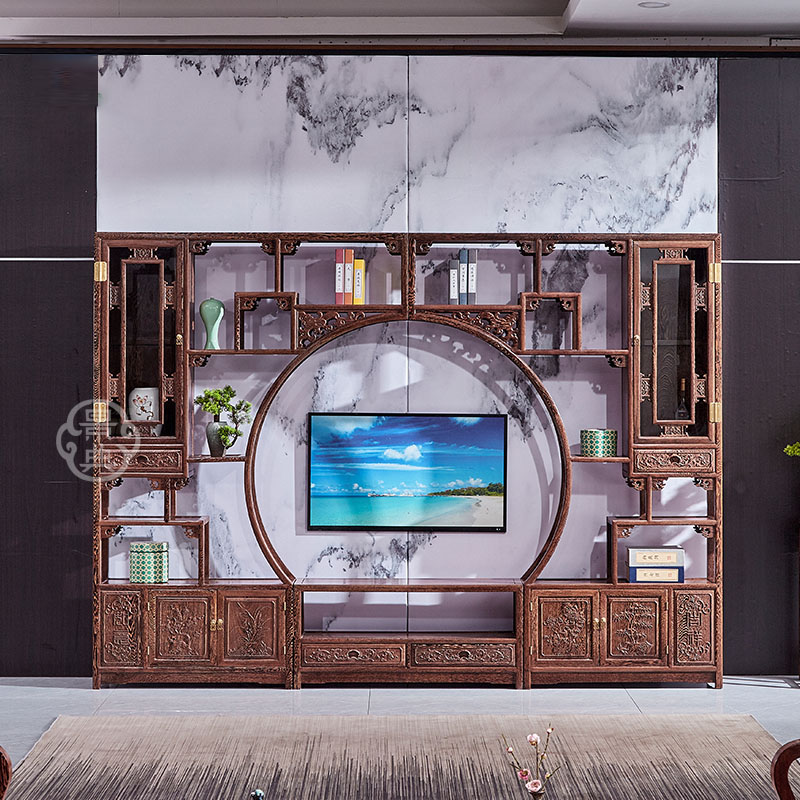 电视背景柜鸡翅木客厅影视墙实木新中式仿古落地影视柜红木家具
