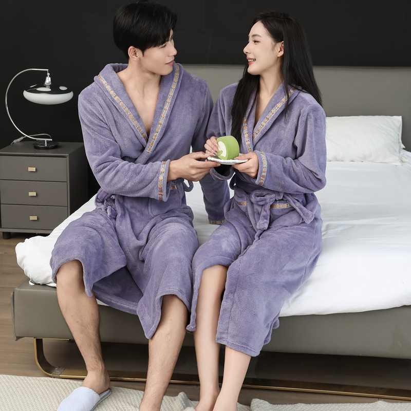 秋冬男女法兰绒加厚加肥浴袍情侣款美容院睡袍长款保暖晨袍家居服