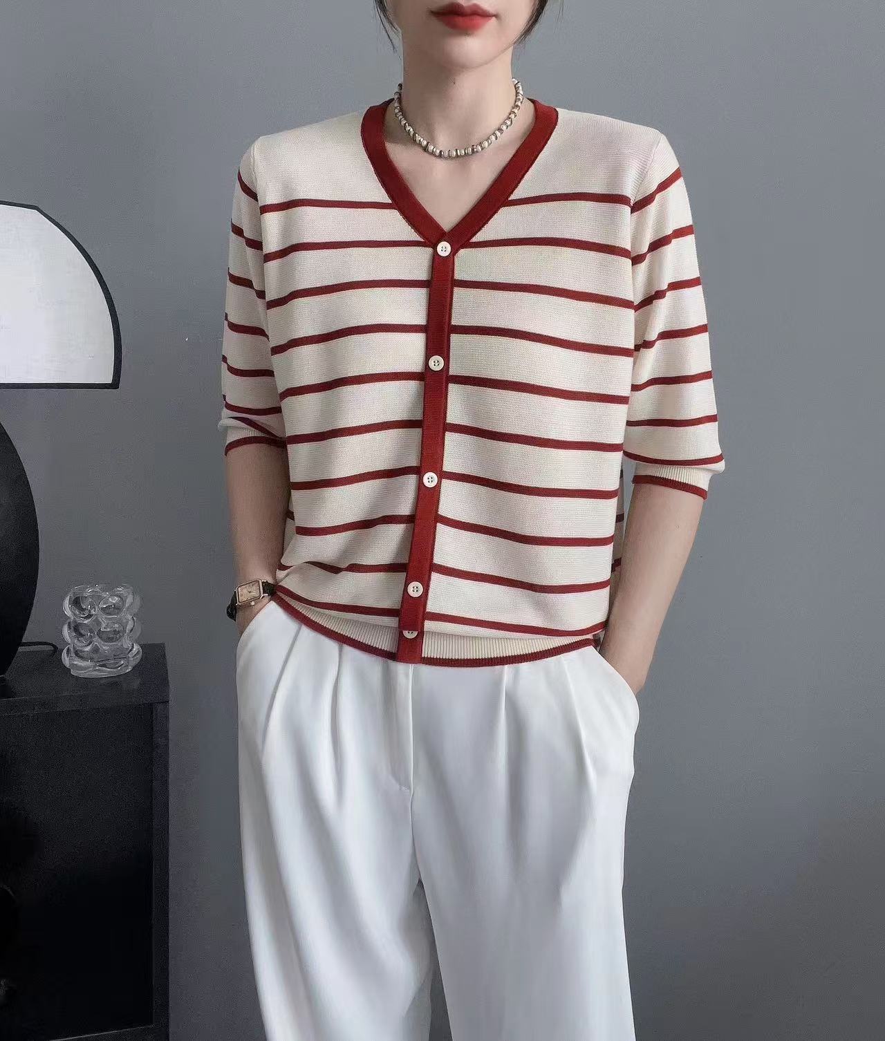【例畔精选】2025时尚气质V领条纹撞色百搭针织衫A459#