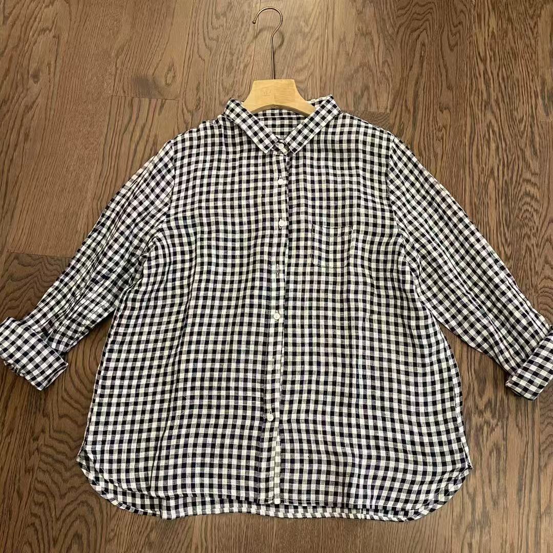 【悦兮】春季新款文艺百搭宽松休闲洋气时尚条纹格子亚麻女衬衫5001