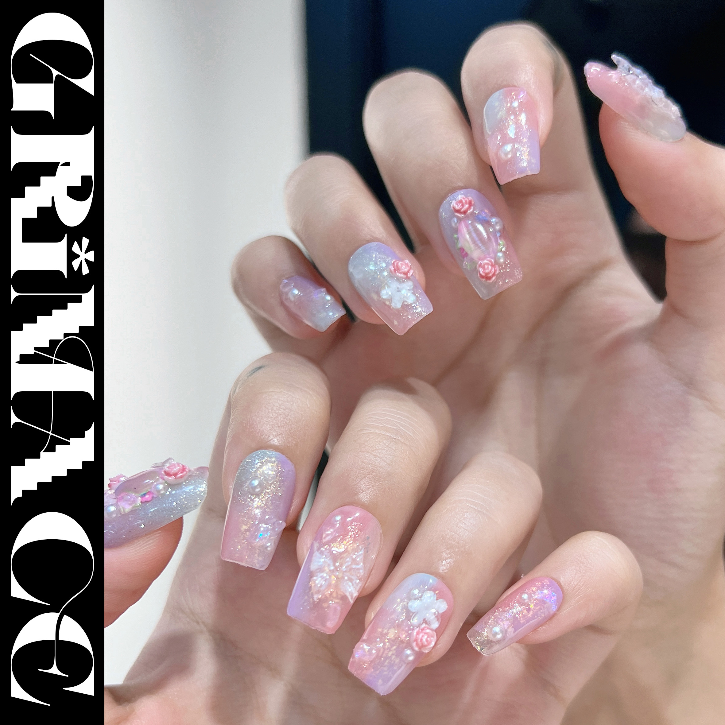 【桃花岛】怪相录纯手工夏日美甲春日花朵蝴蝶粉紫猫眼宝石碎钻美甲