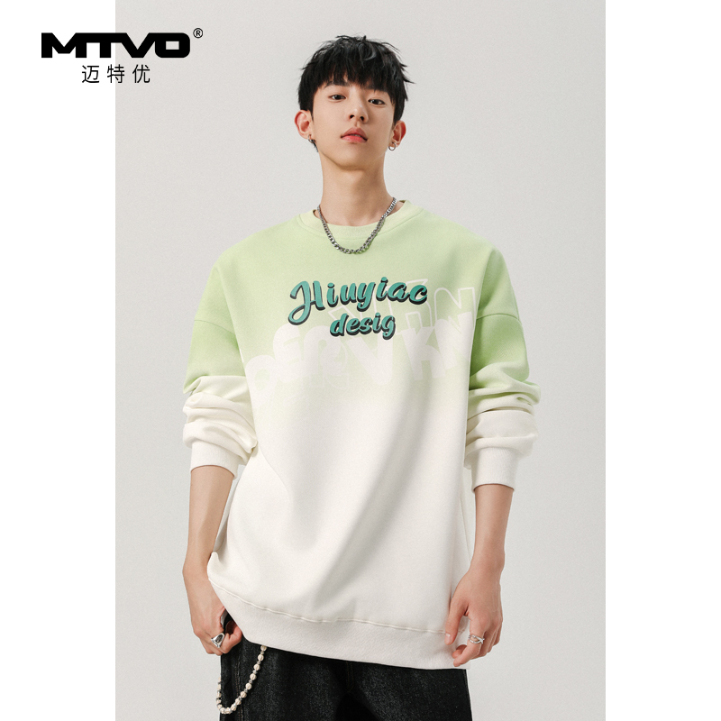 MontVoo/迈特优套头圆领印花渐变长袖卫衣撞色潮流男士春秋25609