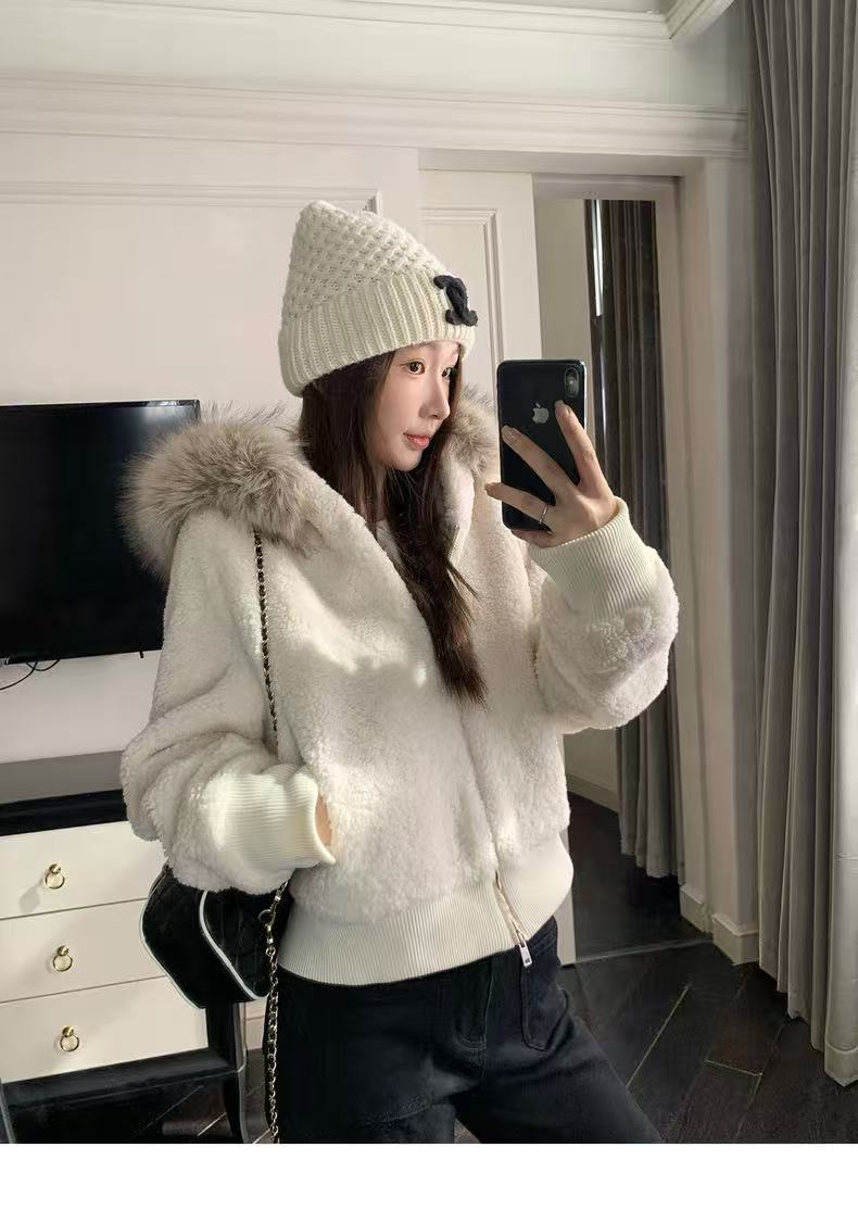 羊羔毛外套女秋冬慵懒风毛领连帽加厚夹棉韩系宽松保暖棉服7799