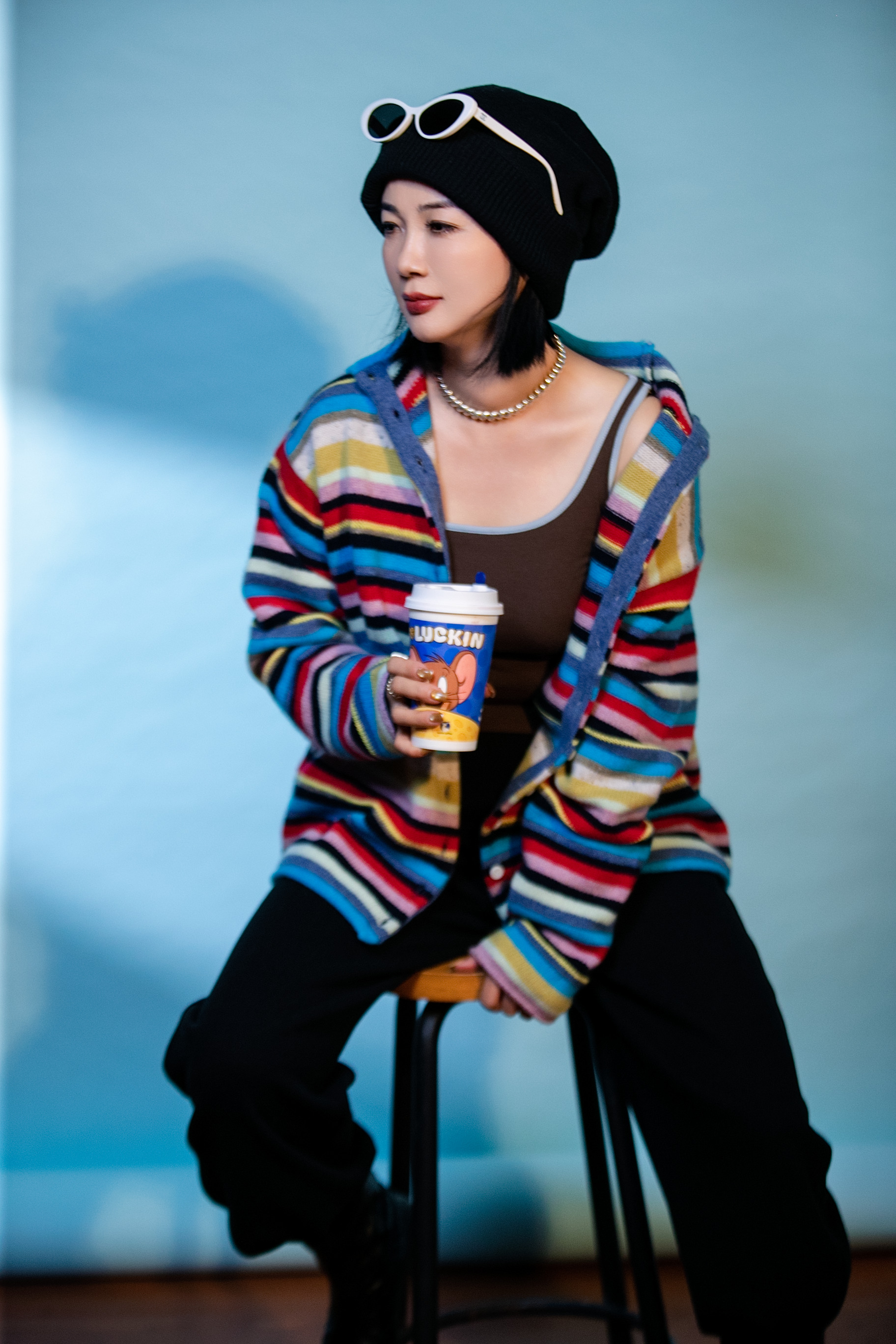 彩色条纹多扣半高领针织开衫毛衣外套