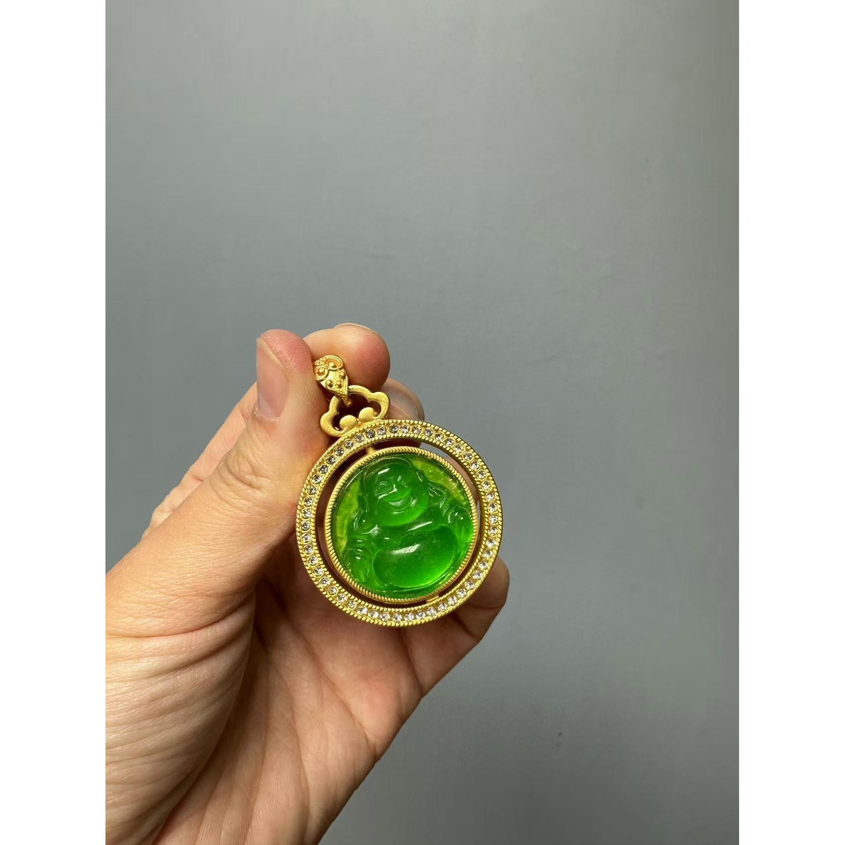 翡翠设计款14k时来运转圆牌佛公吊坠