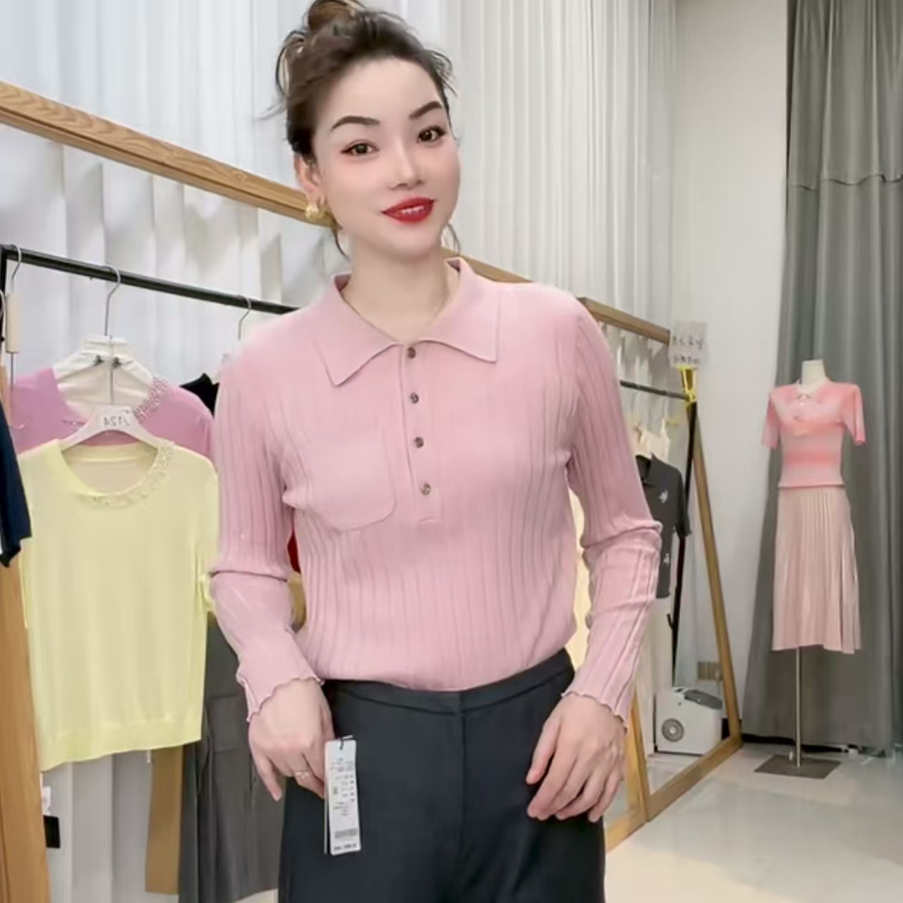 香煜深圳南油精纺羊毛Polo领优雅气质时尚亮晶晶打底衫女士  869