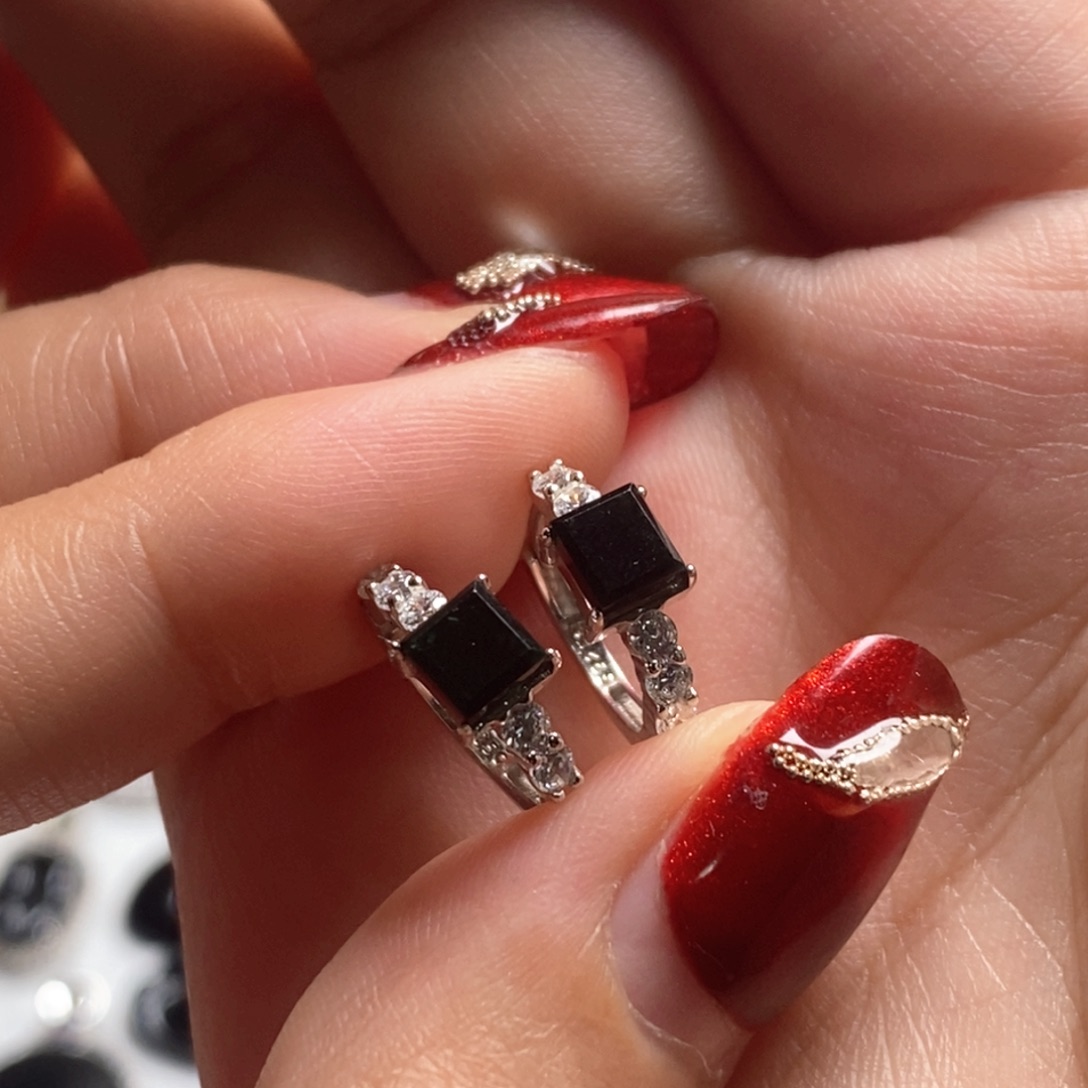 翡翠耳饰银S925镶嵌缅甸天然翡翠墨翠