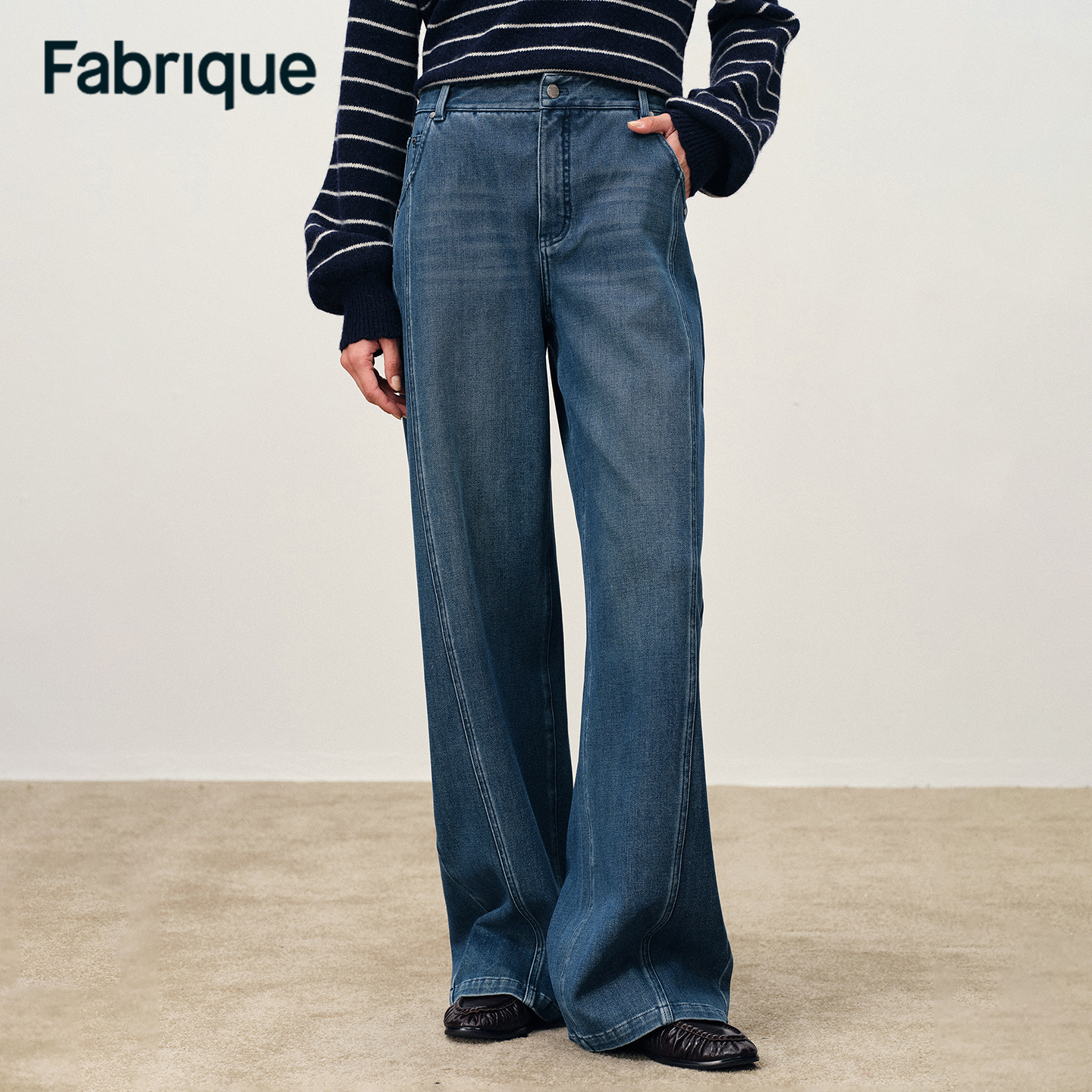 Fabrique Kira 秋冬新品复古蓝解构拼接复古休闲微弹弯刀牛仔裤