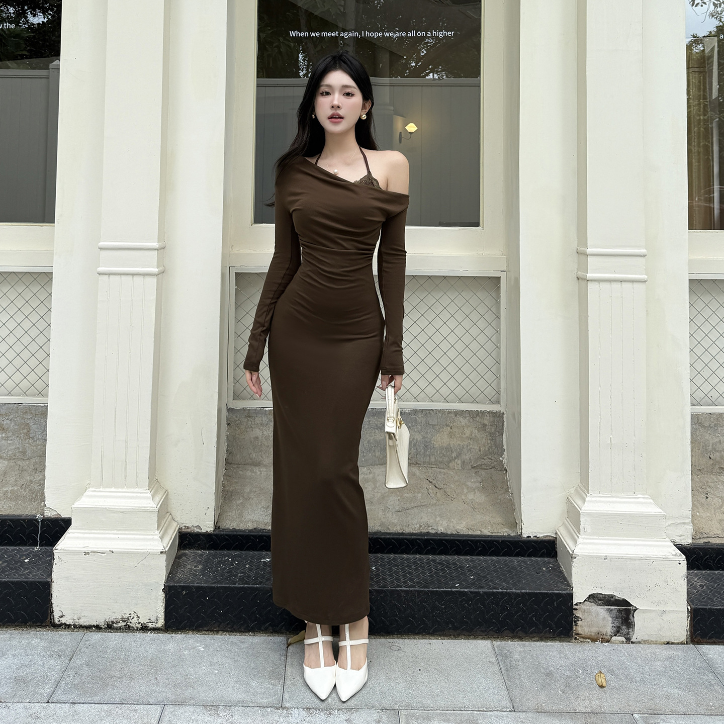 韩式ins斜肩假两件连衣裙秋冬款裙子漂亮出片轻熟御姐气质包臀裙