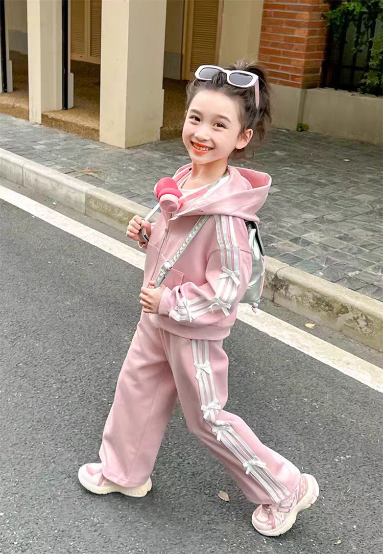 6276蝴蝶结套装春秋新款儿童洋气春季运动服宝宝休闲春装两件套