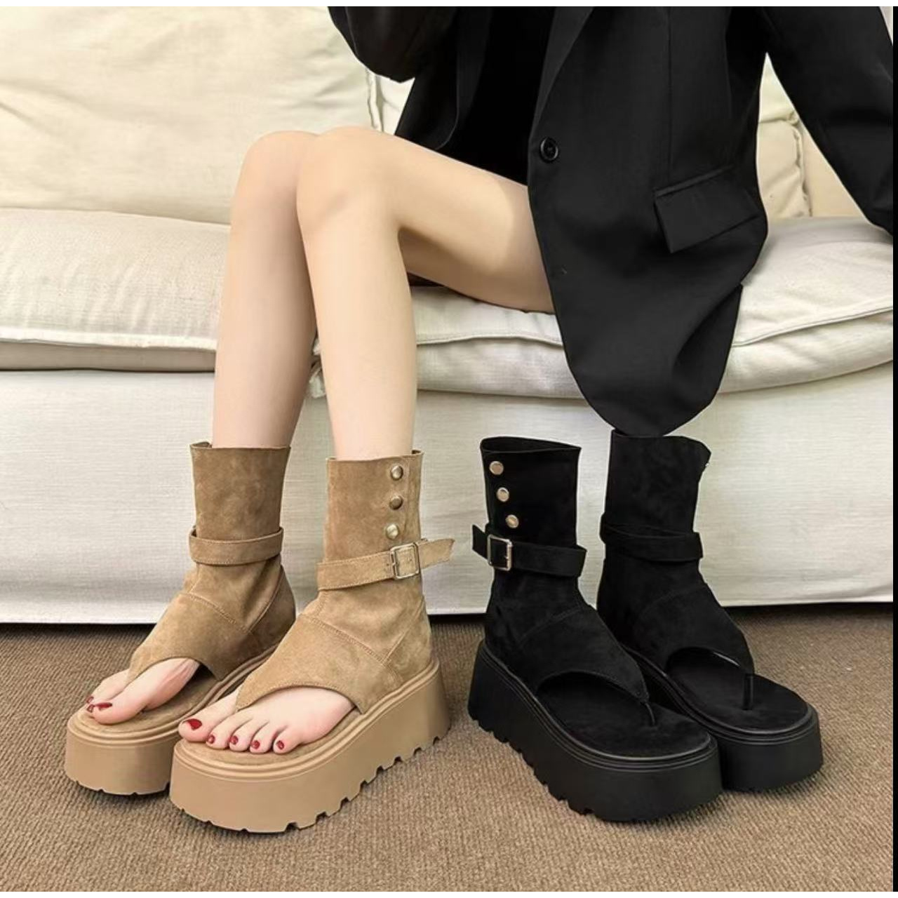 达芺妮【头层牛皮】厚底松糕显瘦露趾凉靴皮带辣妹百搭时尚瘦瘦靴