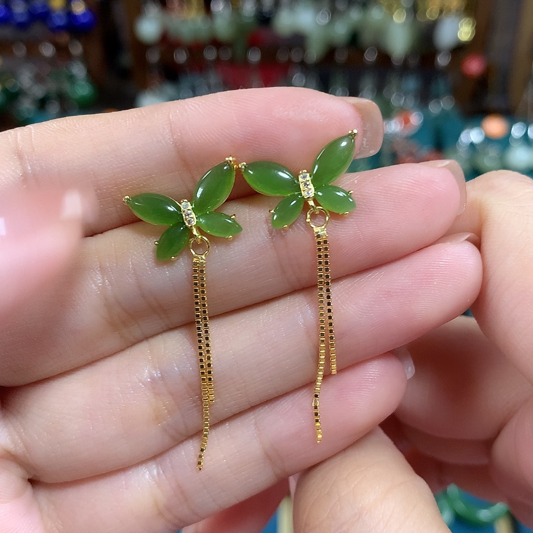 和田玉（碧玉）银S925镶嵌耳饰蝴蝶