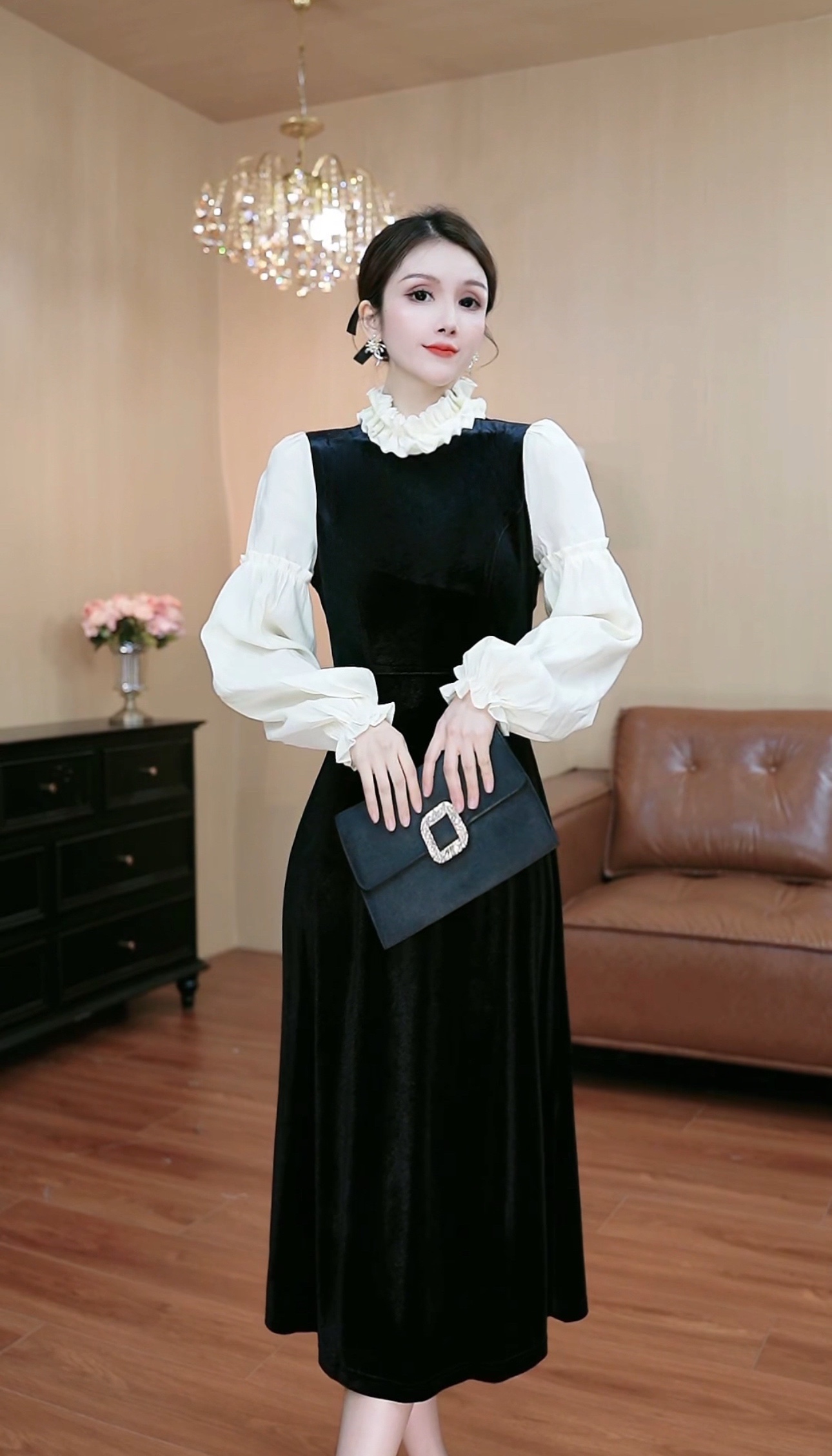 X849法式重工黑白拼接显瘦时尚收腰气质连衣裙