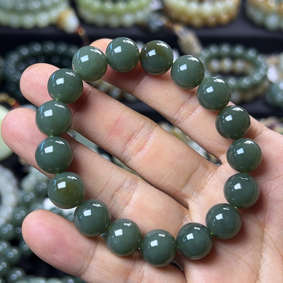 和田玉手链未镶嵌且末蓝卡12圆珠 油润 漂糖