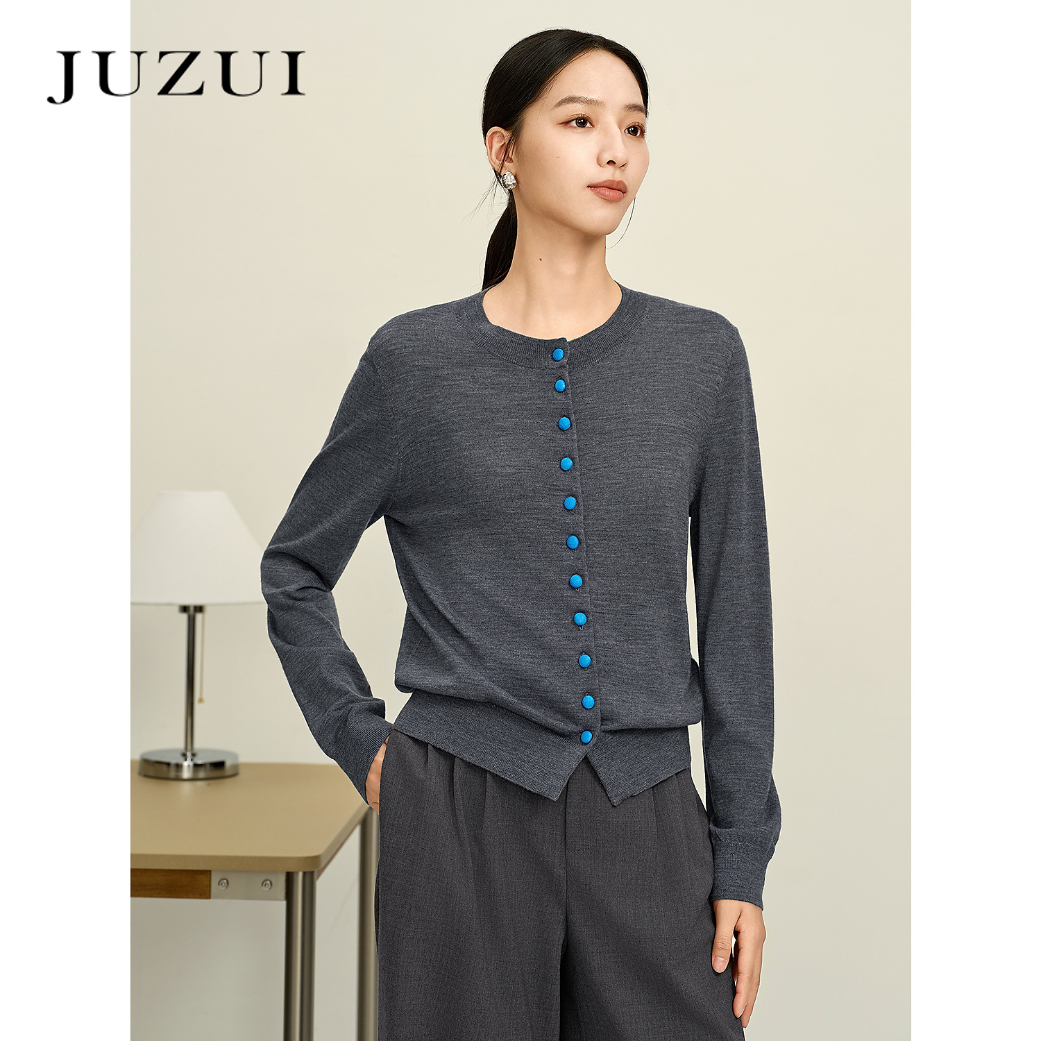 JUZUI玖姿100%羊毛圆领长袖针织衫女2025秋季新款JWFQ30626