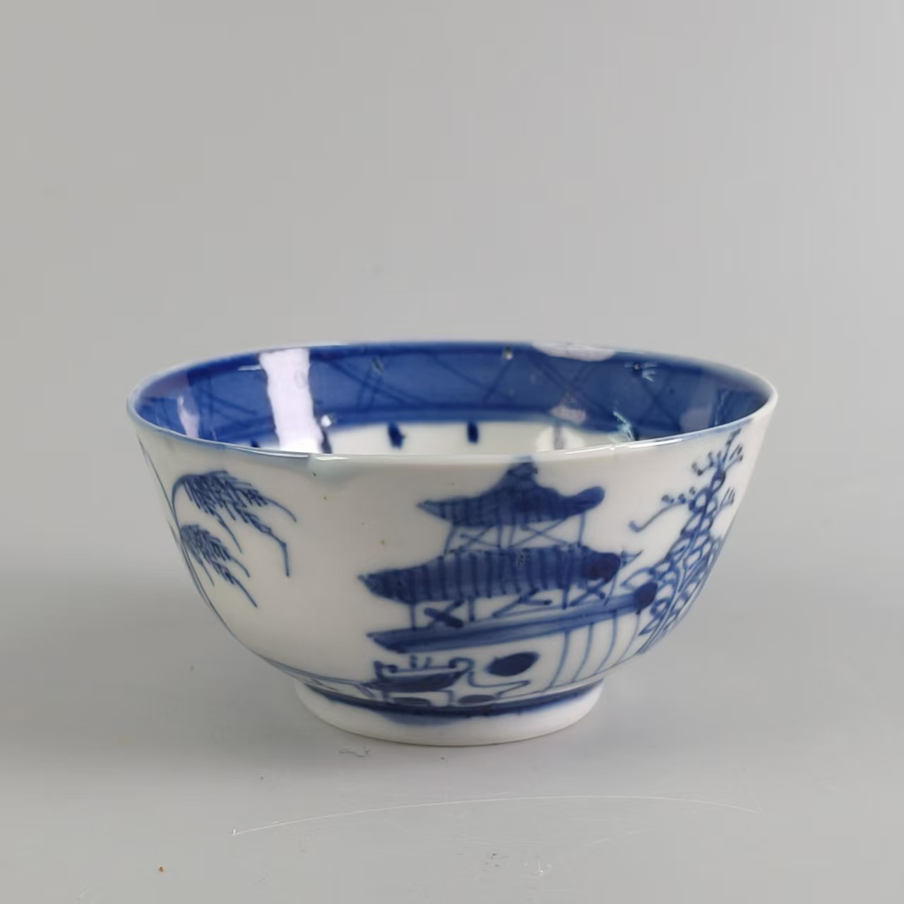 清末 青花山水楼阁茶园XX-0232-直径11 高度6