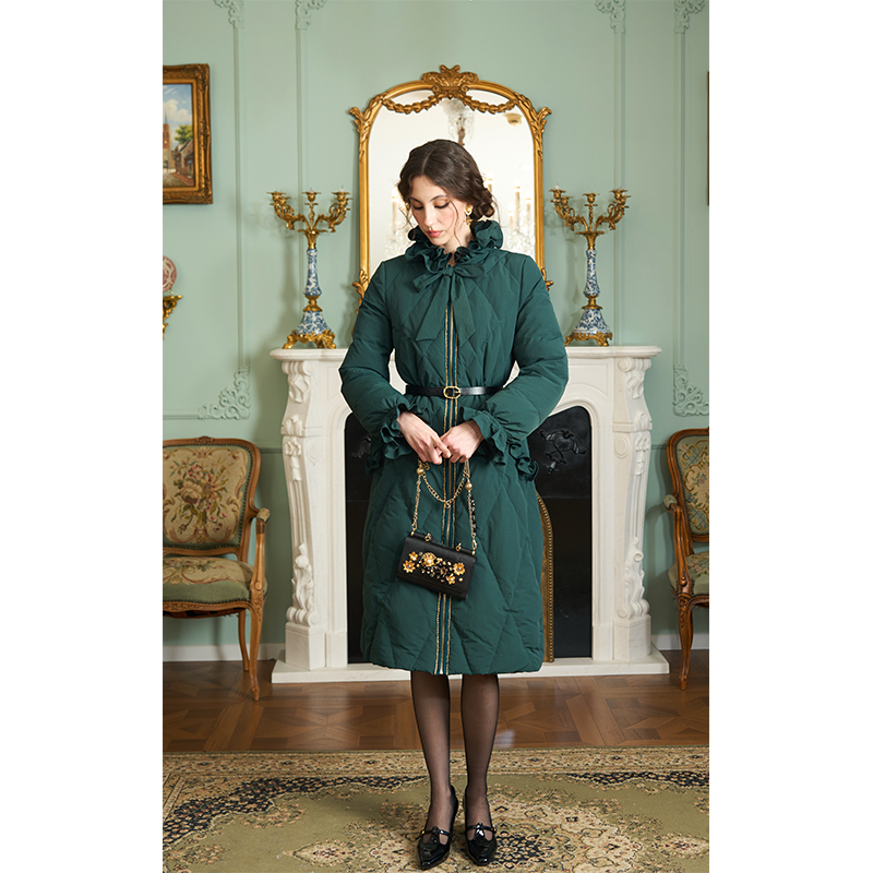 MR WATER水滴君 冬季绿色收腰菱形格子中长款羽绒服女