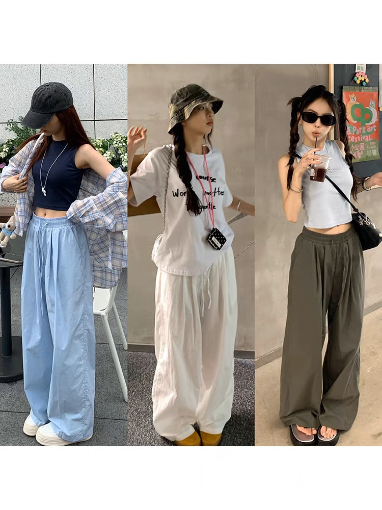 亚麻慵懒风老钱抽绳裤百搭松紧腰直筒阔腿长裤显瘦高腰50