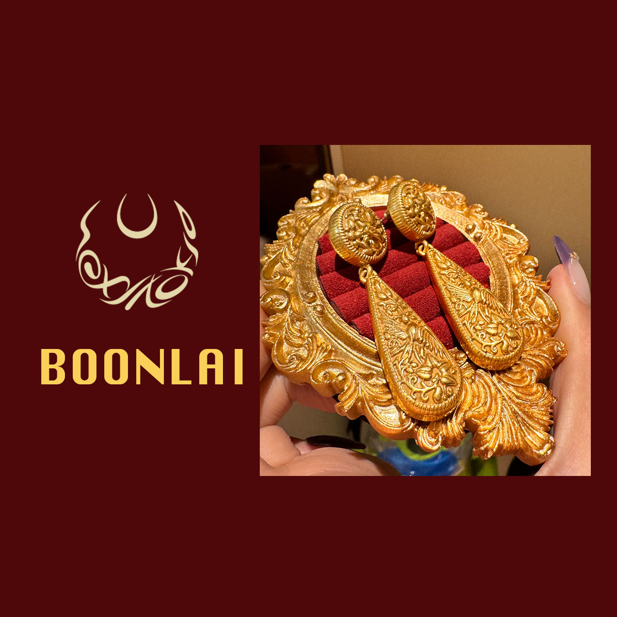 铜合金耳饰 Boonlai 金色中古圆形水滴浮雕耳环1336