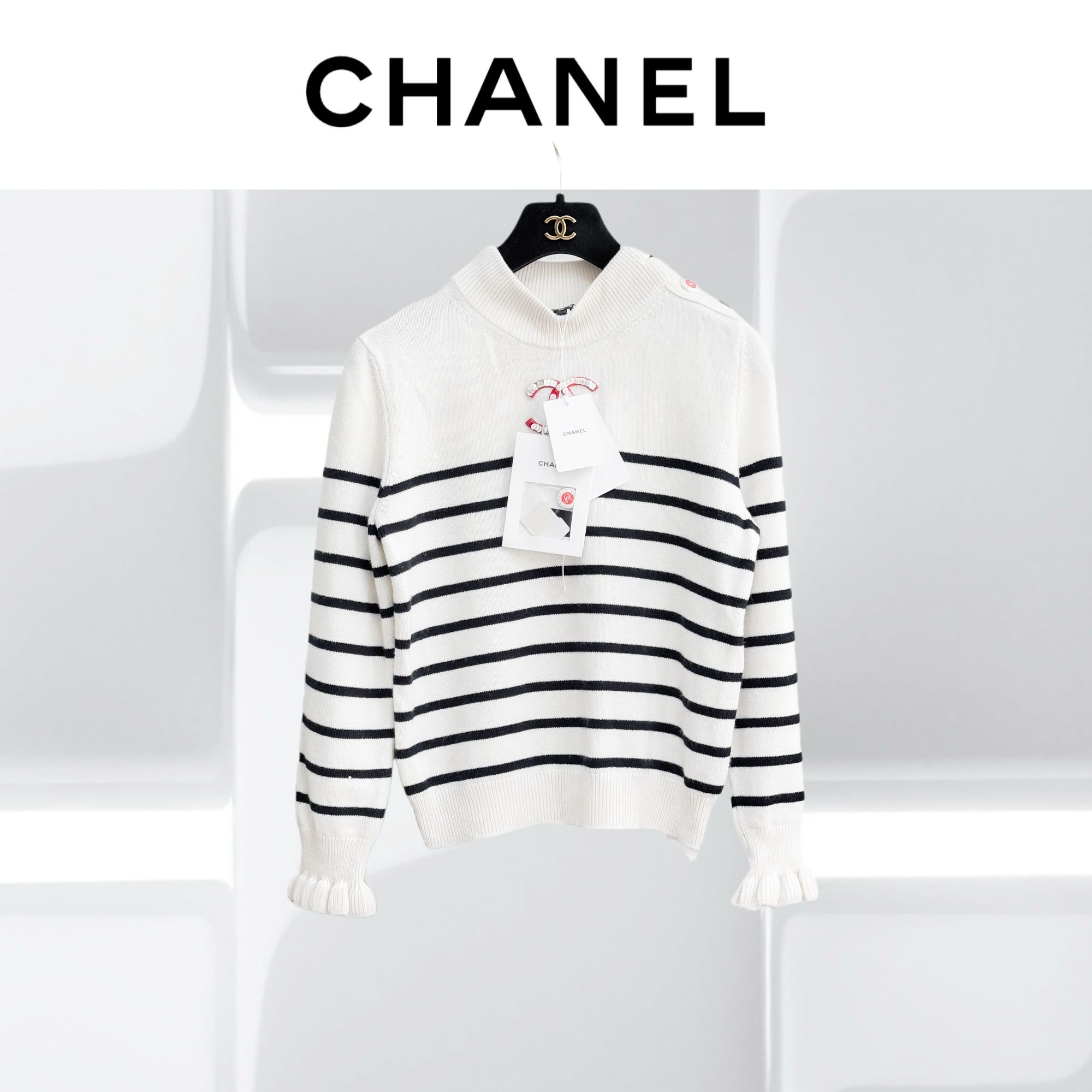 99新 Chanel/香奈儿 36码23C爆款亮片双C黑白条纹毛衣