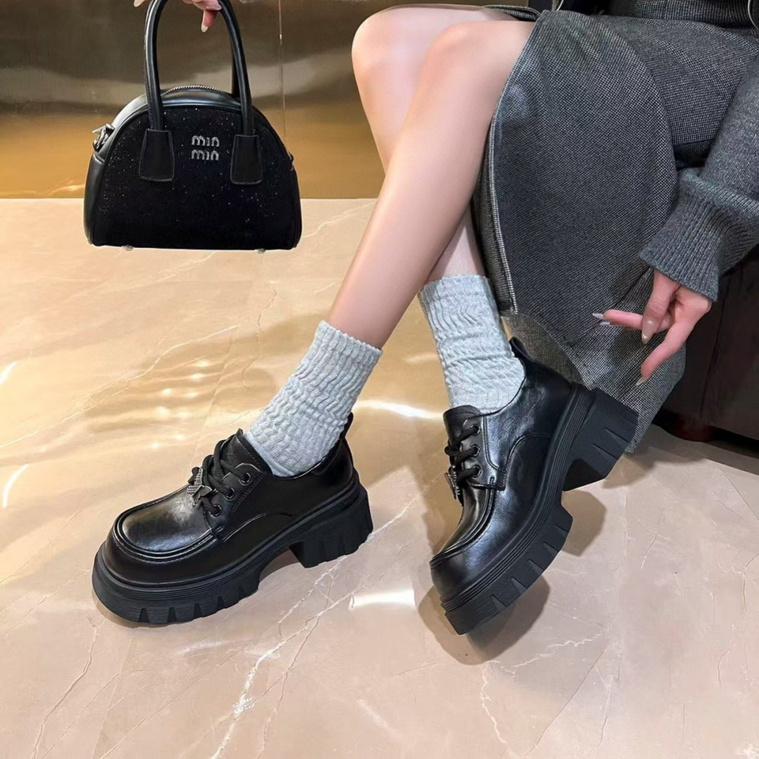 2025春季新品美式厚底乐福鞋时尚潮流系带款圆头乐福鞋女鞋6878-8