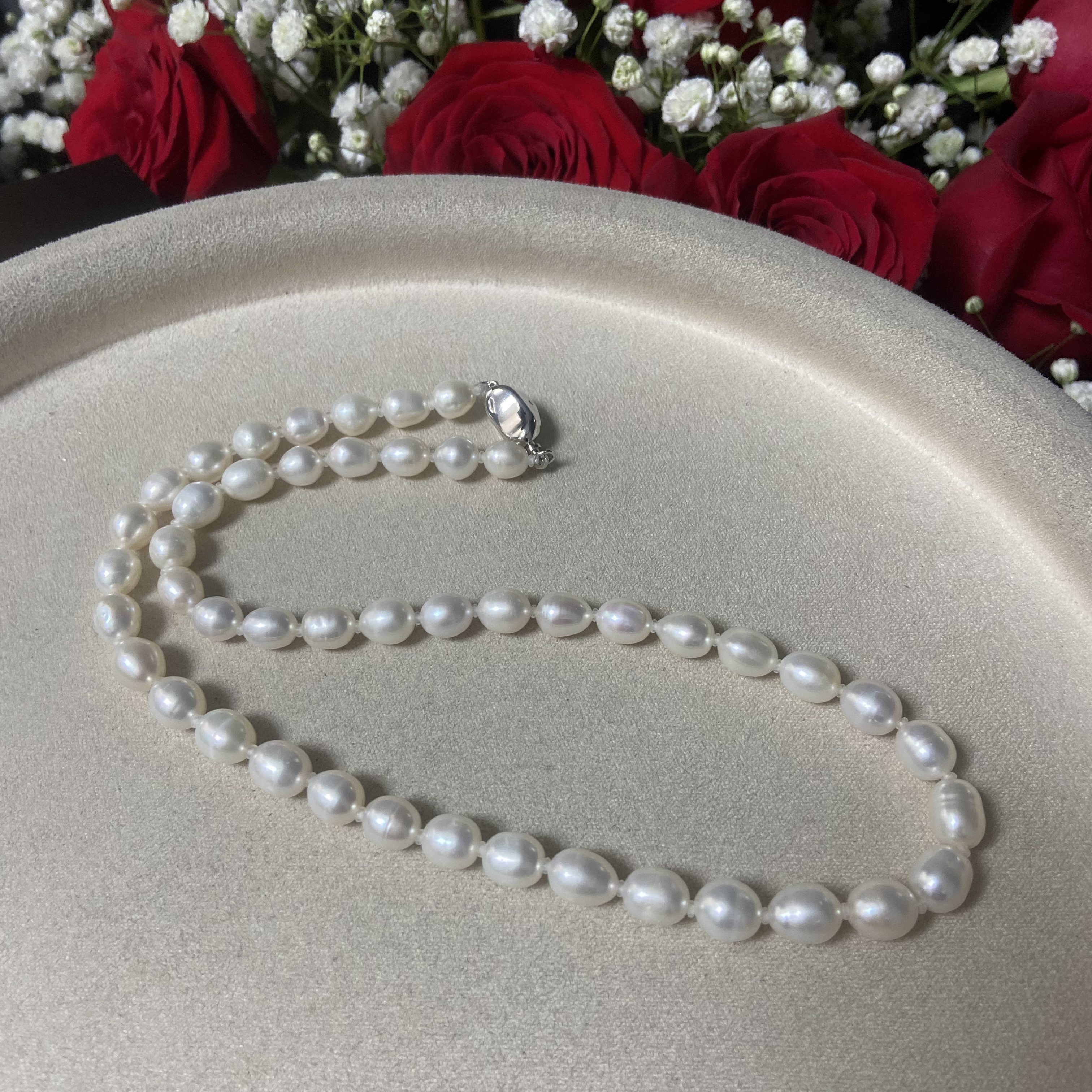 739 白色元宝扣珍珠项链妈妈链 米珠6-7mm 强光天然生长纹可刮粉