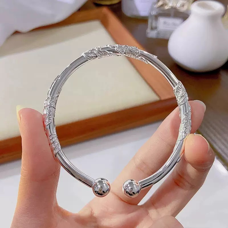 足银手镯 足银手镯 繁花似锦实心开口双珠精品手镯A981