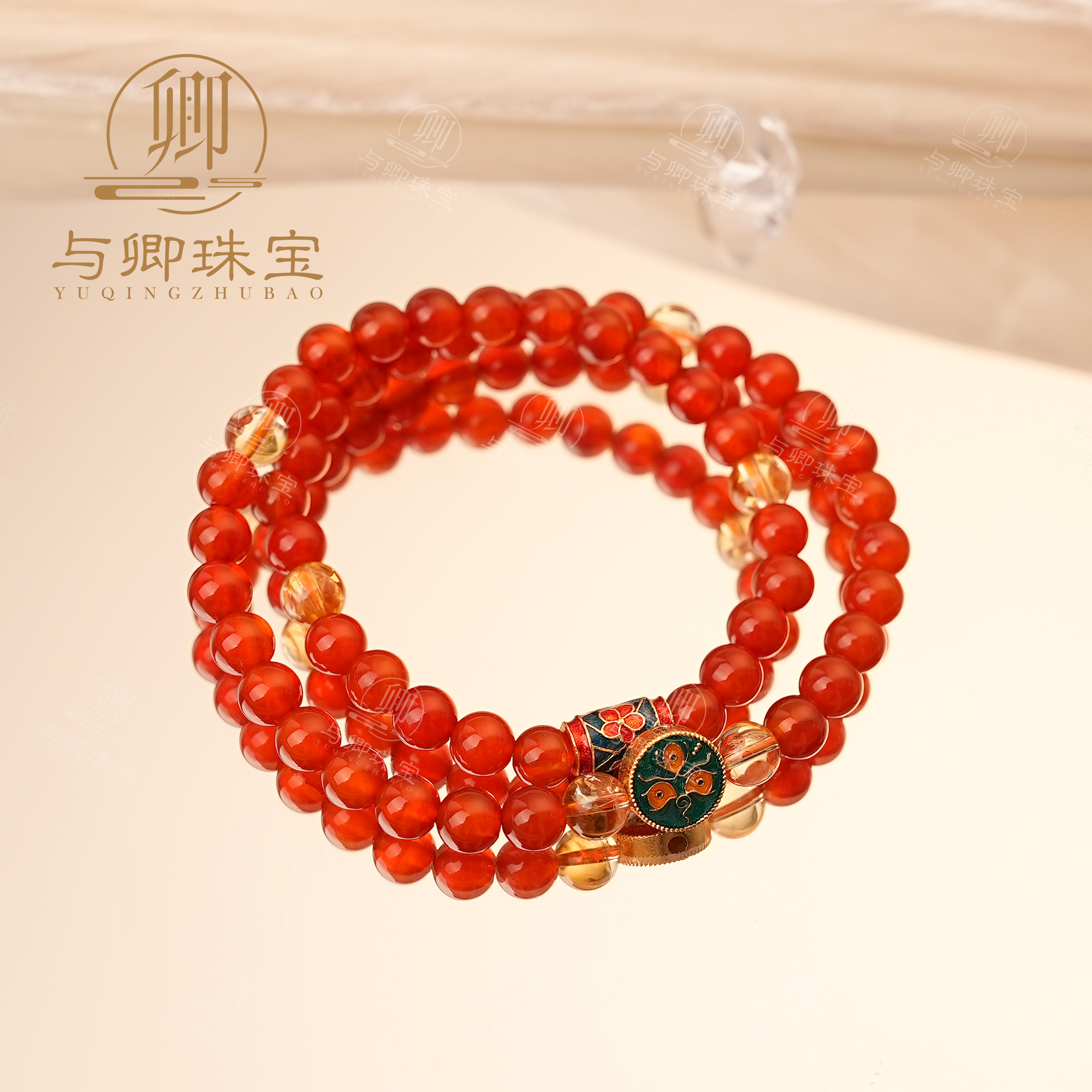 【祝灵椿】红玛瑙6mm 黄水晶6mm 五路财神合金配饰 水晶手串