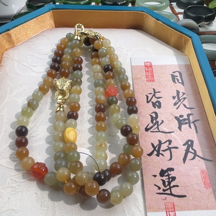 和田玉颈饰未镶嵌楼兰三色108颗卡8