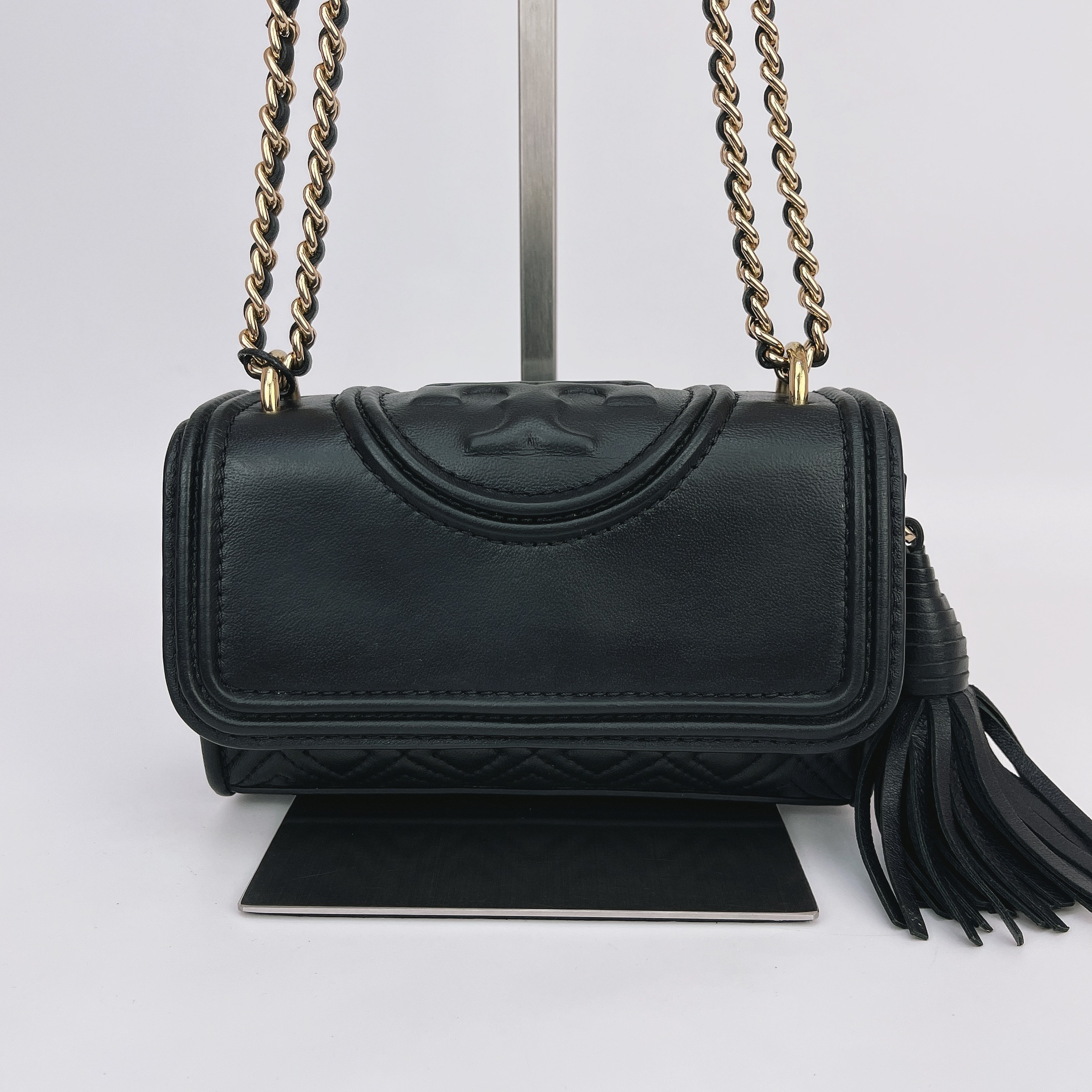 95新 TORY BURCH/汤丽柏琦 汤丽柏琦 黑色流苏链条包 底15.5 N880