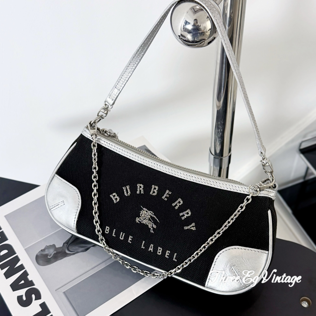95新 BURBERRY/博柏利 黑银战马甜酷单肩腋下链条包/ThreeEG中古