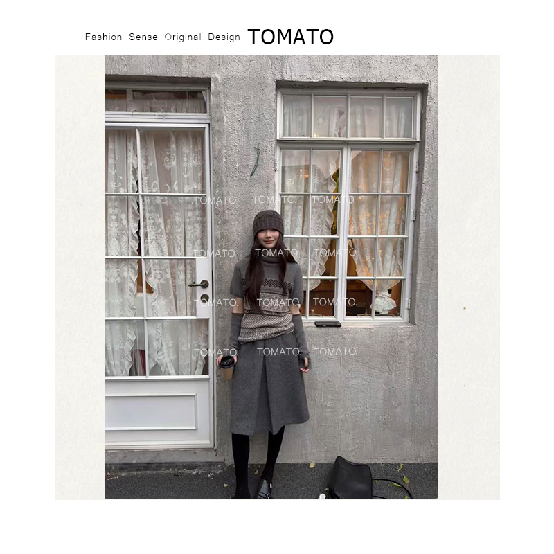 TomaTo-韩系新款复古时尚撞色百搭费尔岛短袖针织毛衣C25MY54901