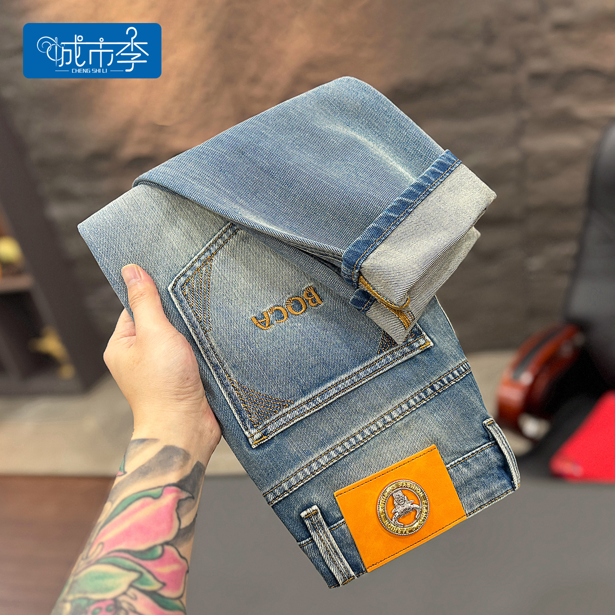 城市李#6132夏季薄款男士修身小直筒牛仔裤#绣花设计时尚潮流百搭