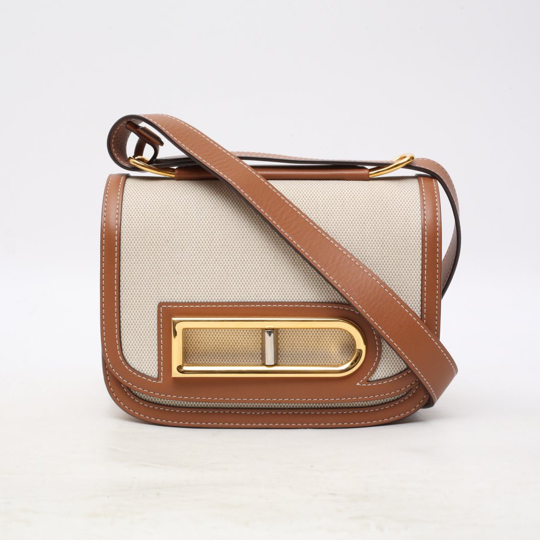 99新 Delvaux/德尔沃 小花6枫 棕色帆布 金银扣 Lingot 猪鼻子包 