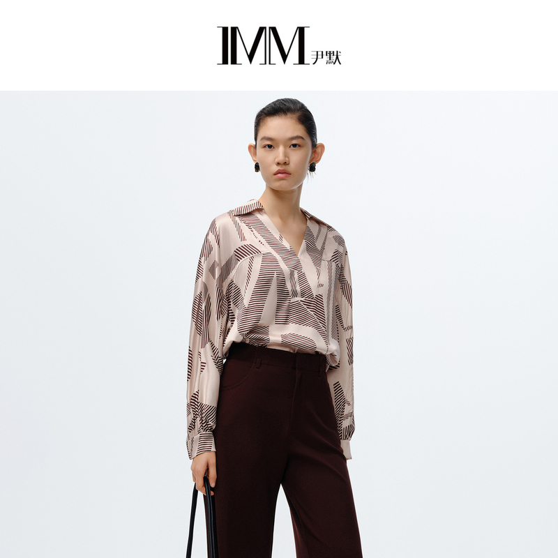 【粉丝专享】IMM尹默桑蚕丝V领小翻领抽象印花上衣0068