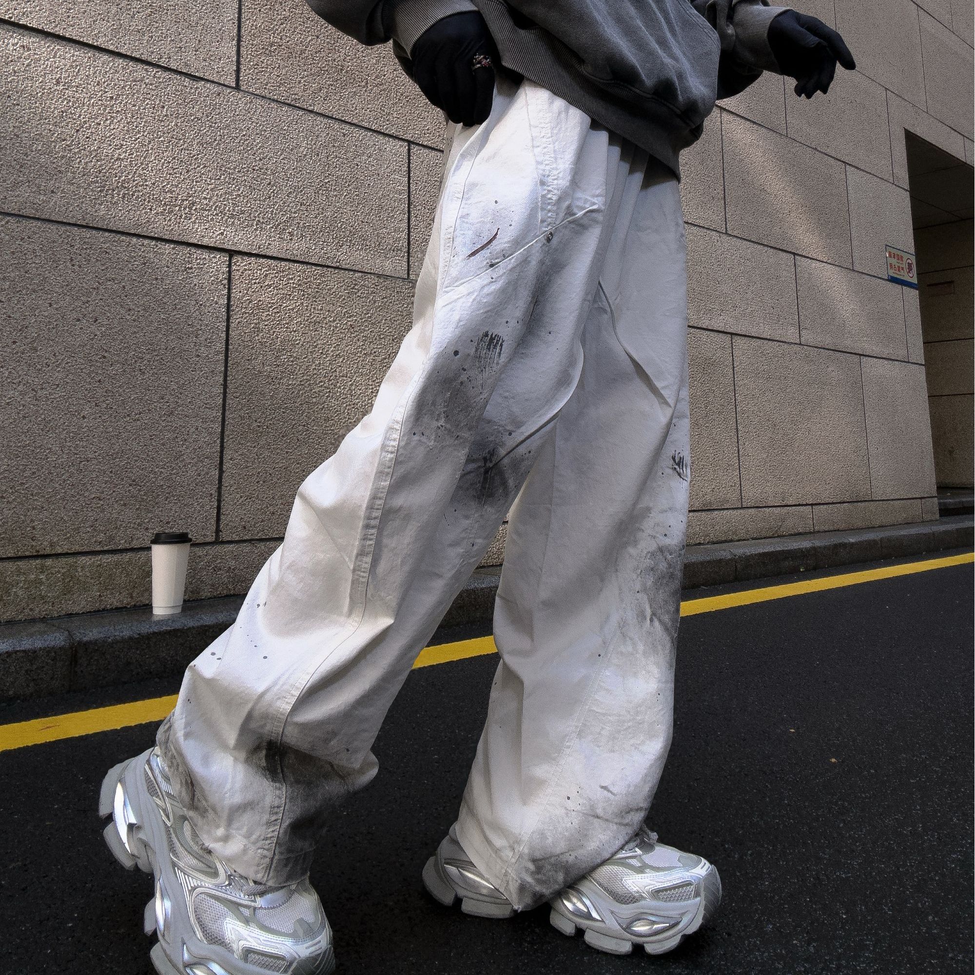 11LEVEN美式晕染泼墨印花工装裤2025秋季新款复古做旧休闲长裤