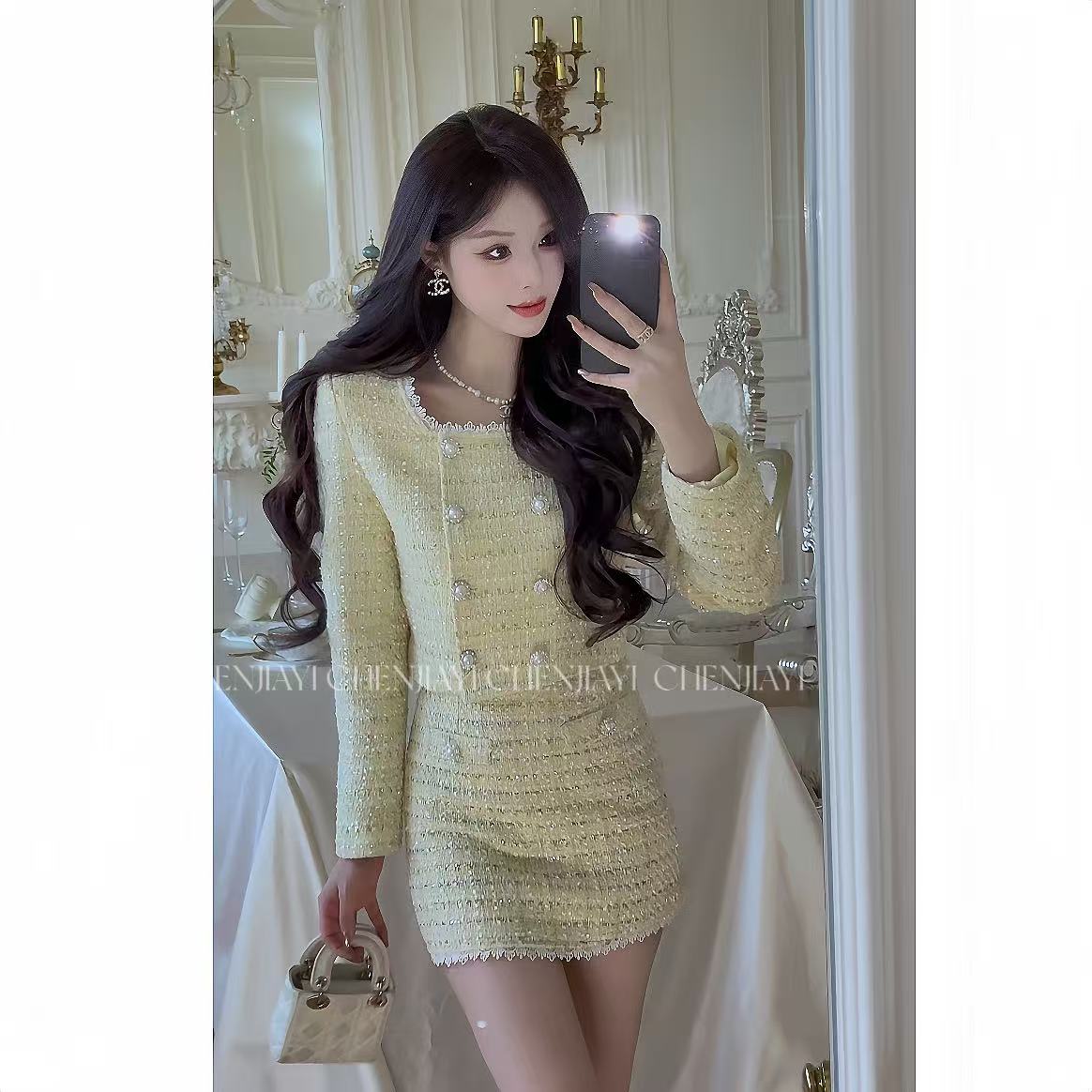 【JIAYI】25s早秋高密刺绣花边高定编织小香风两件套6100