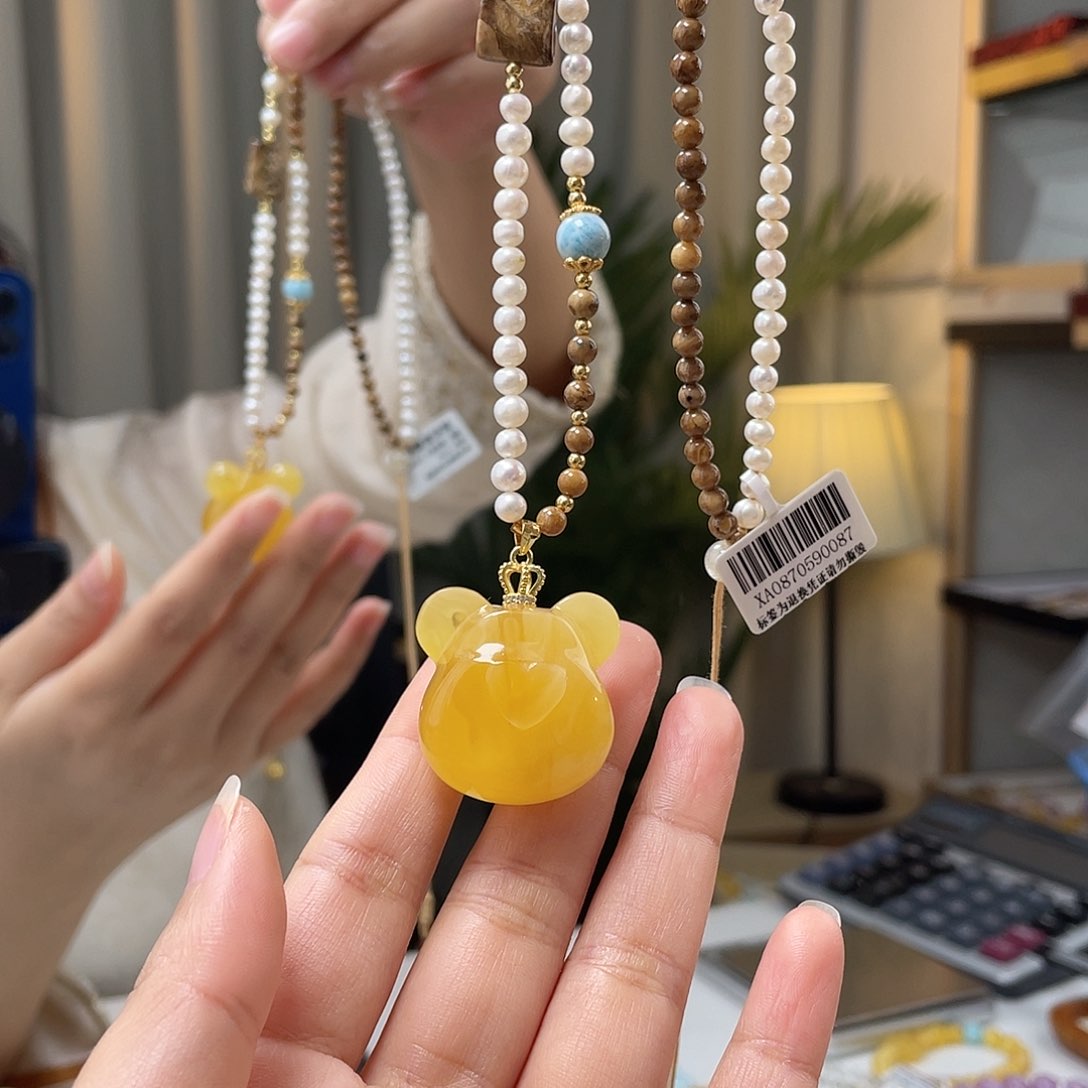 琥珀裸石银S925镀金镶嵌蜜蜡吊坠