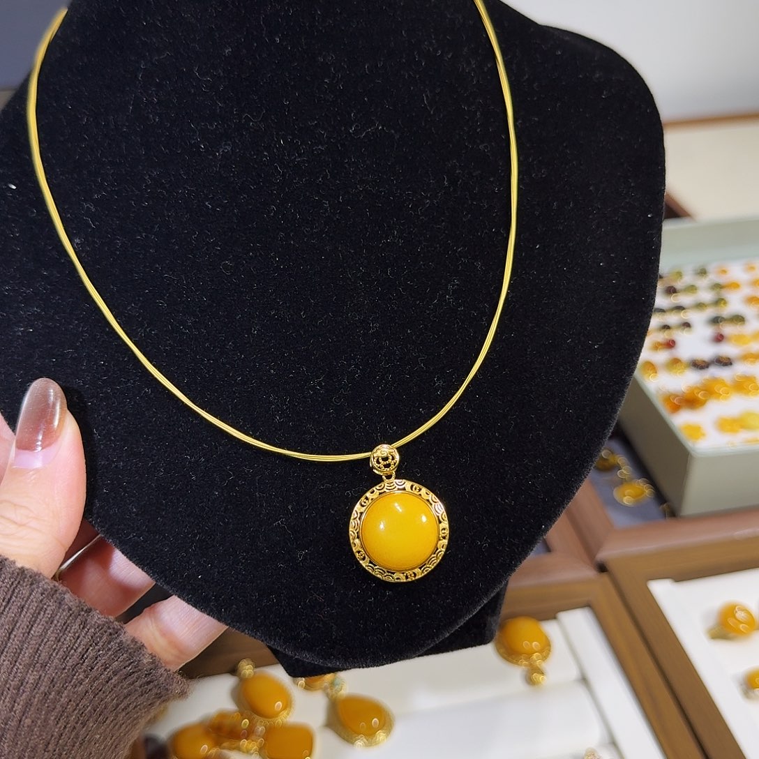 蜜蜡银S925镀金镶嵌颈饰蜜蜡项链