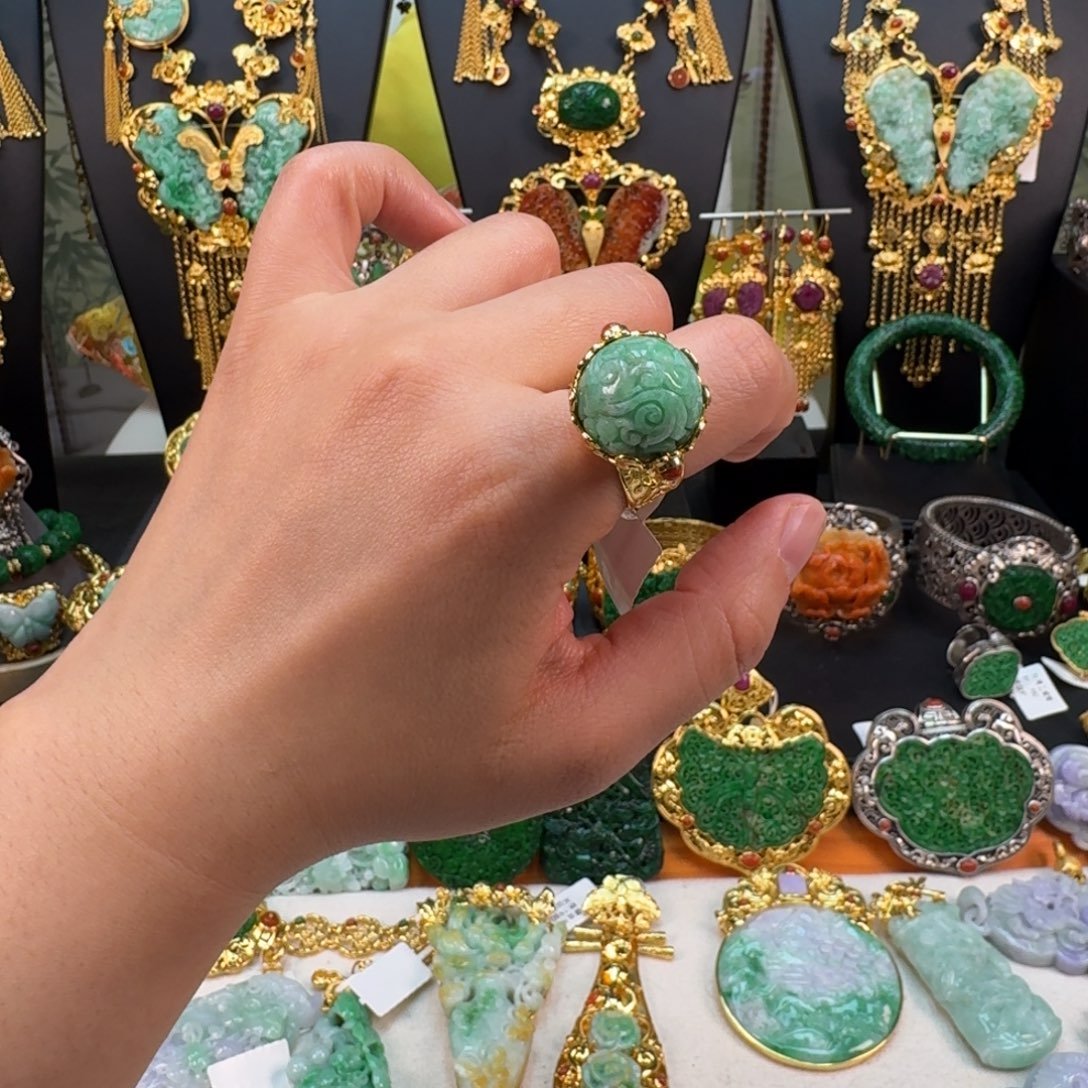 翡翠银S925镀金镶嵌颈饰阳绿戒指 