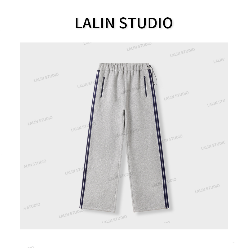 LALIN2025ss 秋冬百搭松紧腰法兰绒侧条宽松直筒可调节校服长裤