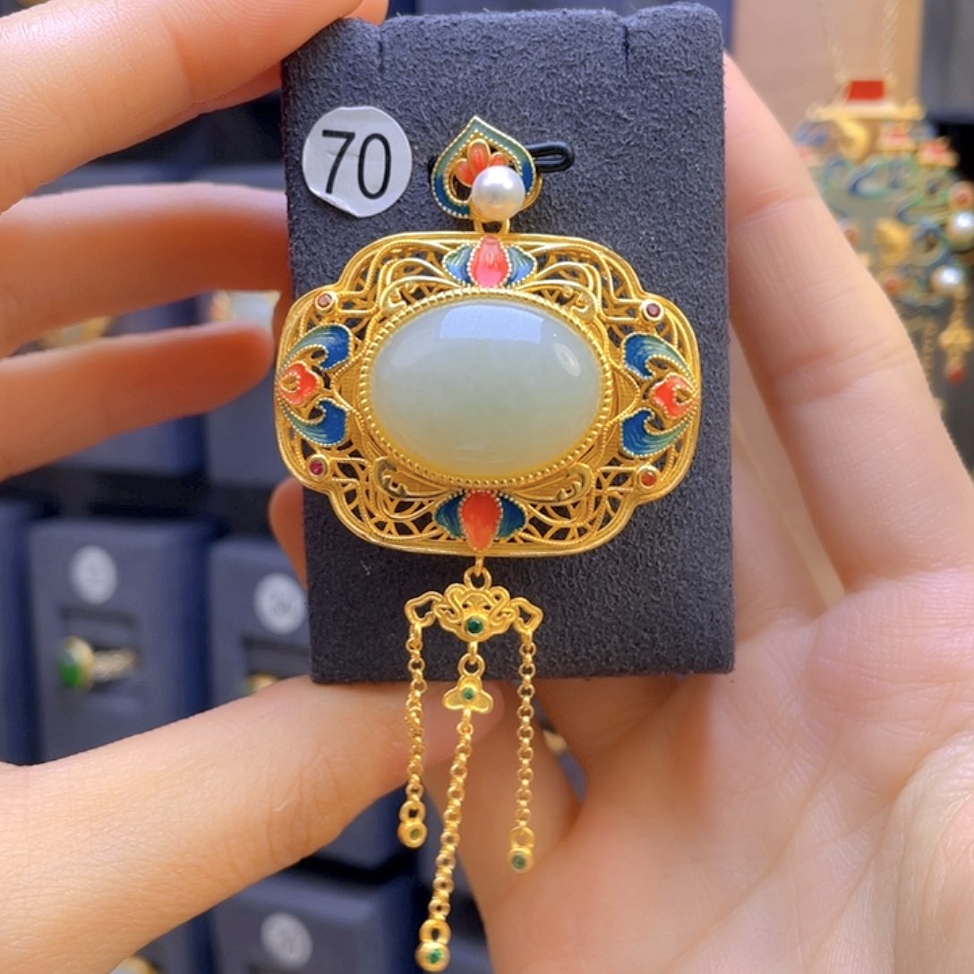 和田玉颈饰银S925镀金镶嵌