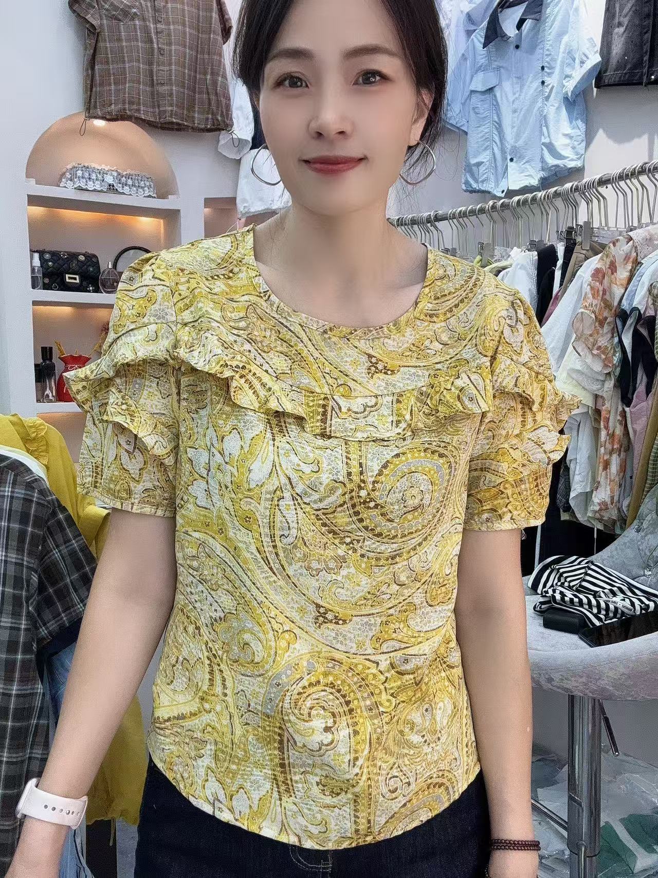 【秀家】夏季新款短袖时尚花色荷叶边圆领上衣雪纺衫2542